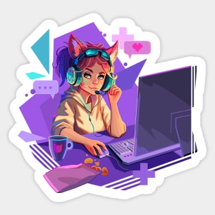 Girl gamer with a cat ears headset Sticker